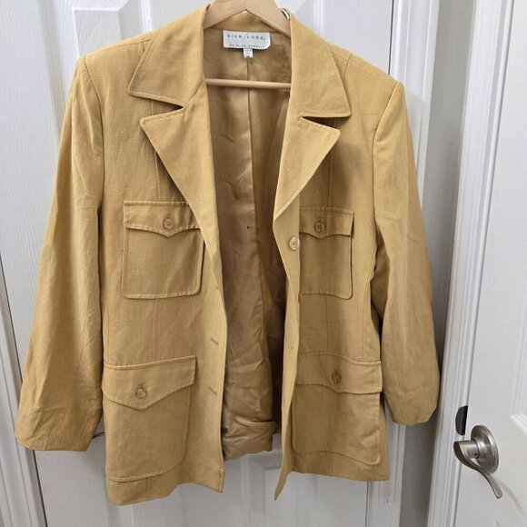 Vtg Silk Lore Blazer Jacket Medium Butterscotch Tan Safari Utility Retro Silk - Picture 4 of 14